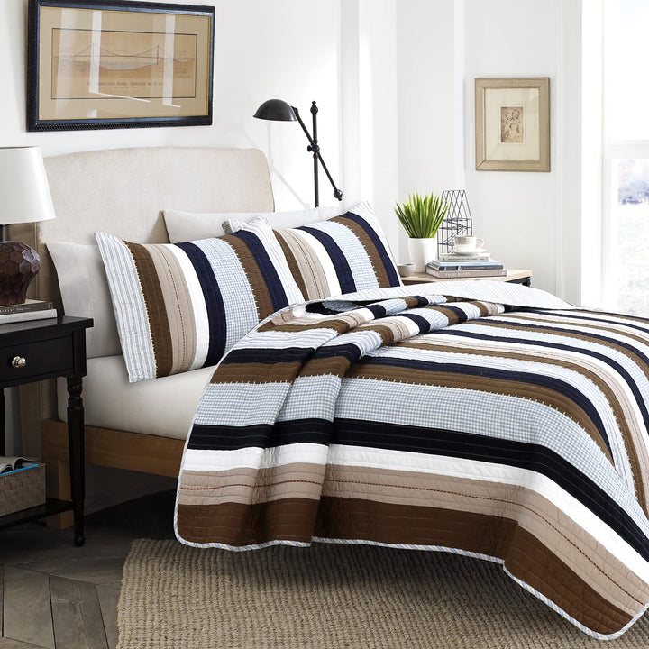 Cozy Line Home Fashions Nathan Bettwäsche-Set, Marineblau/Blau/Weiss/Braun, kariert, gestreift, 100