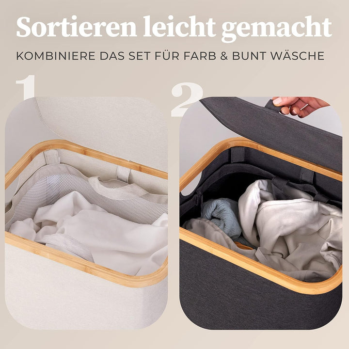 HENNEZ 100L Wäschekorb mit Deckel Beige - herausnehmbaren Wäschesack Wäschesammler schmal mit Deckel