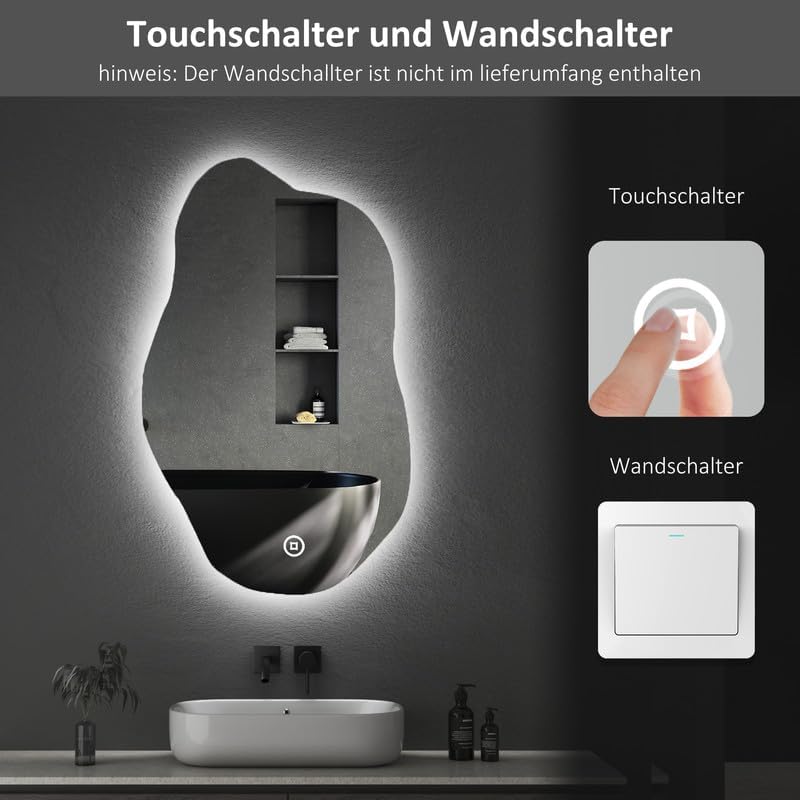 Boromal Asymmetrischer Spiegel mit Beleuchtung, Wandmontage, 52L x 85B cm, Touch-Schalter, Dimmbar,
