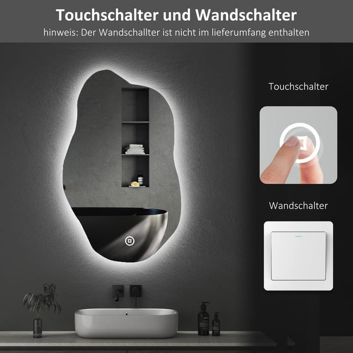 Boromal Asymmetrischer Spiegel mit Beleuchtung, Wandmontage, 52L x 85B cm, Touch-Schalter, Dimmbar,