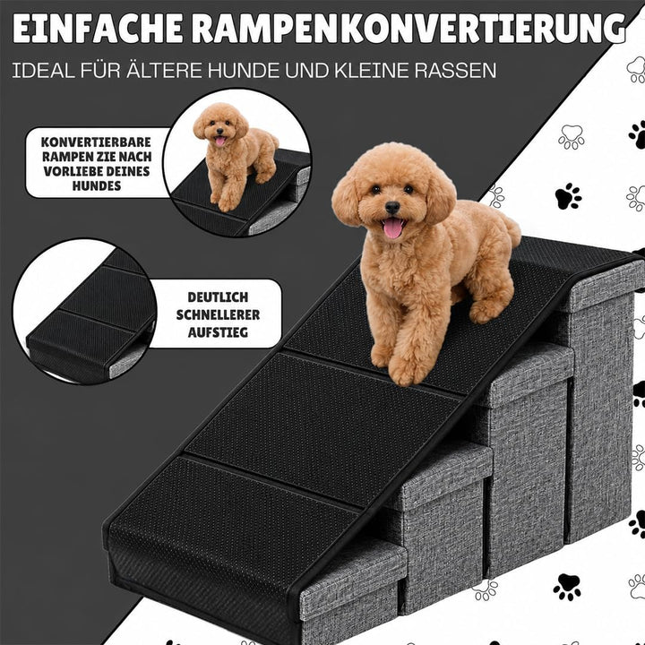 Hundetreppe mit 4 Aufbewahrungsboxen | mit Rampenfunktion | Faltbare Haustier rutschfeste Sicherheit