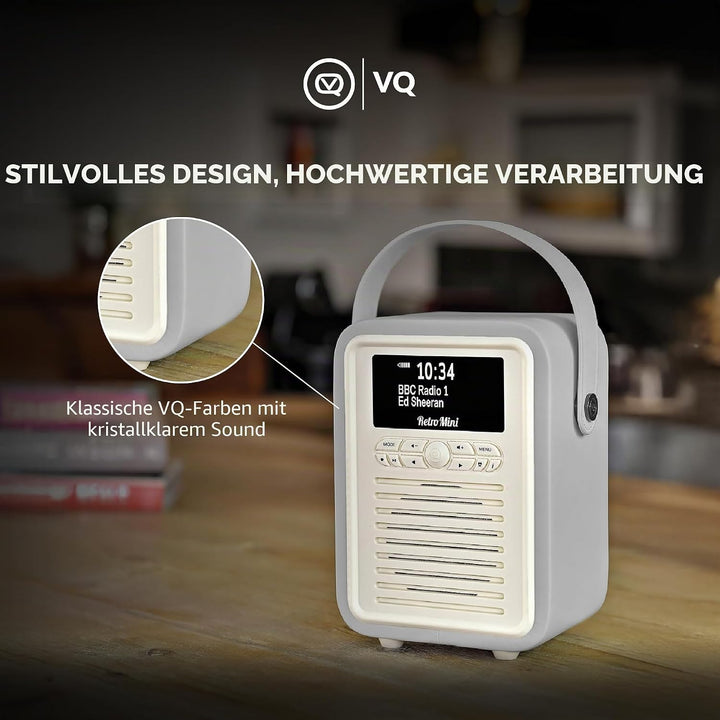 VQ Retro Mini DAB/DAB+ Digital- und FM-Radio mit Bluetooth und Weckfunktion - Hellgrau