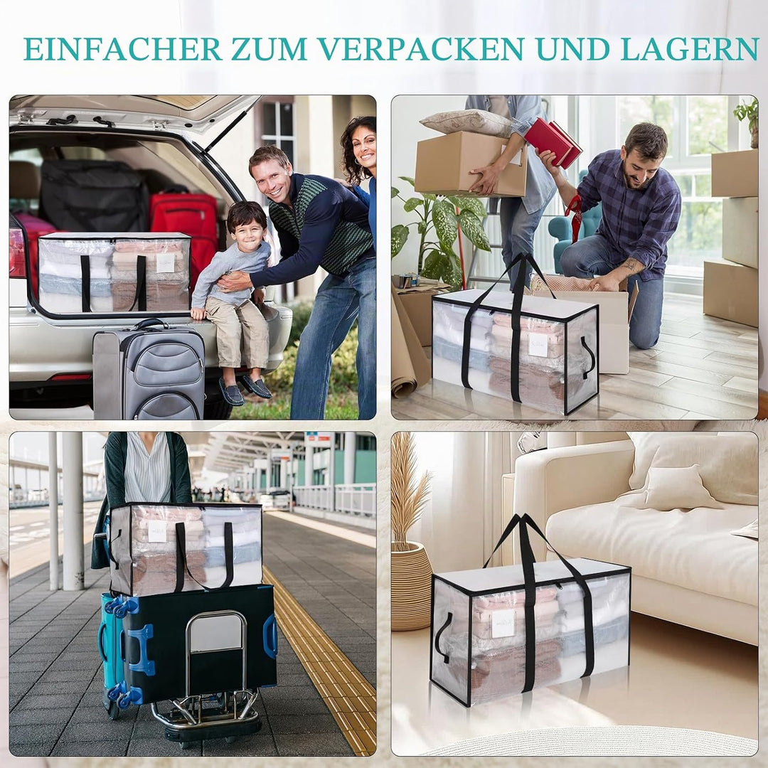 AiQInu 2 Stück 72 L Aufbewahrungstasche mit Deckel, Wasserdicht Umzugskartons Transparente mit Reiss