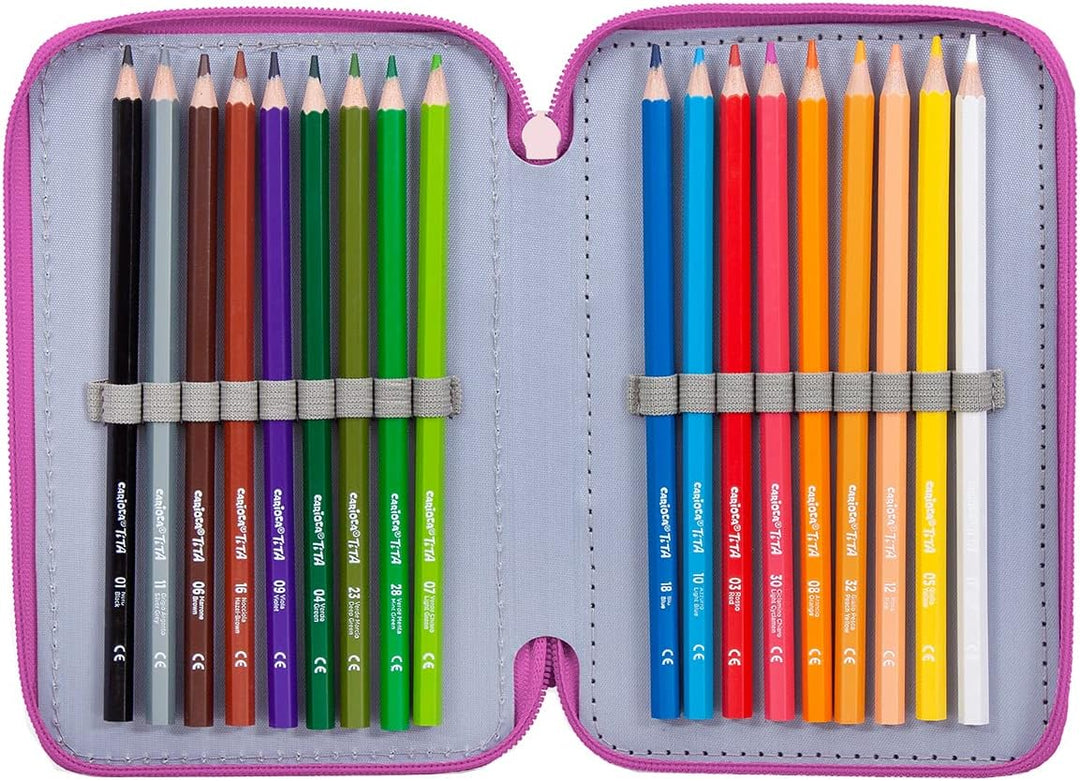 L'ERBAVOGLIO Federmäppchen für Schule, 3 Reissverschluss, komplett mit 44 Stück, Minnie (Rosa/Fuchsi