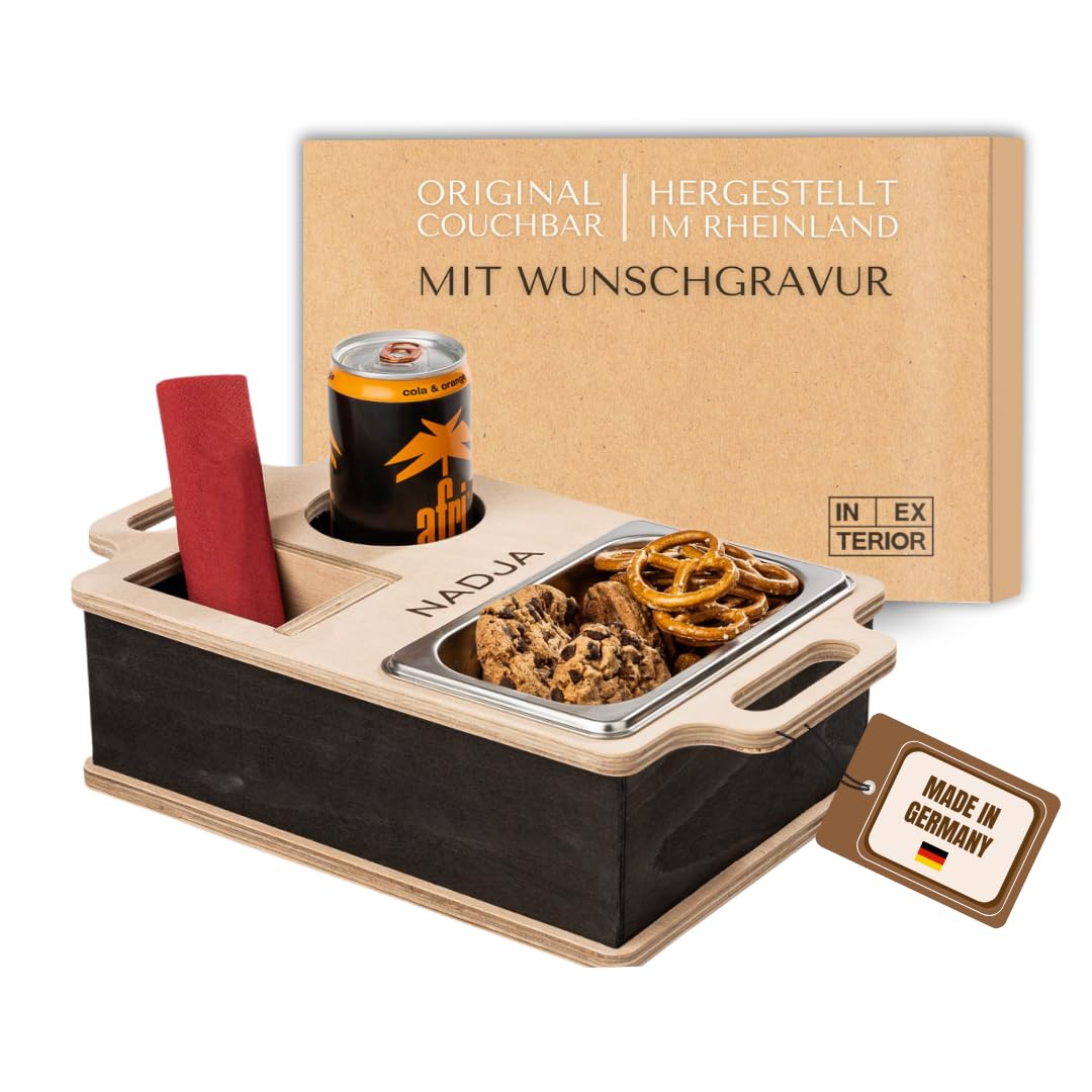 INEXTERIOR – Couchbar Couchi handgefertigt aus Holz in Schwarz mit Wunschgravur – Eckige Snack Box m