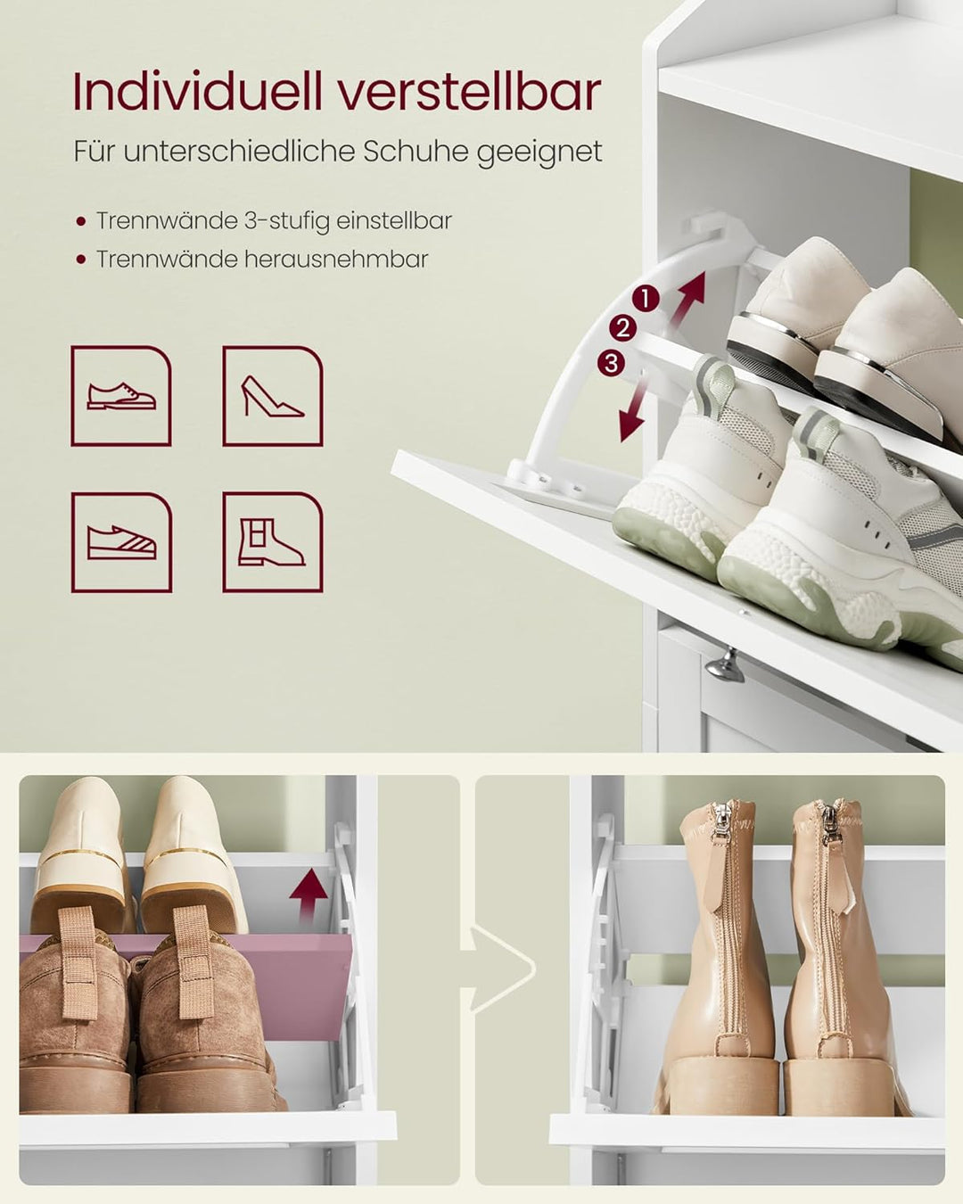 VASAGLE Schuhschrank 3 Klappen, Schuhkipper, Schuhregal, Schuhaufbewahrung, Oberplatte, Trennwand ve