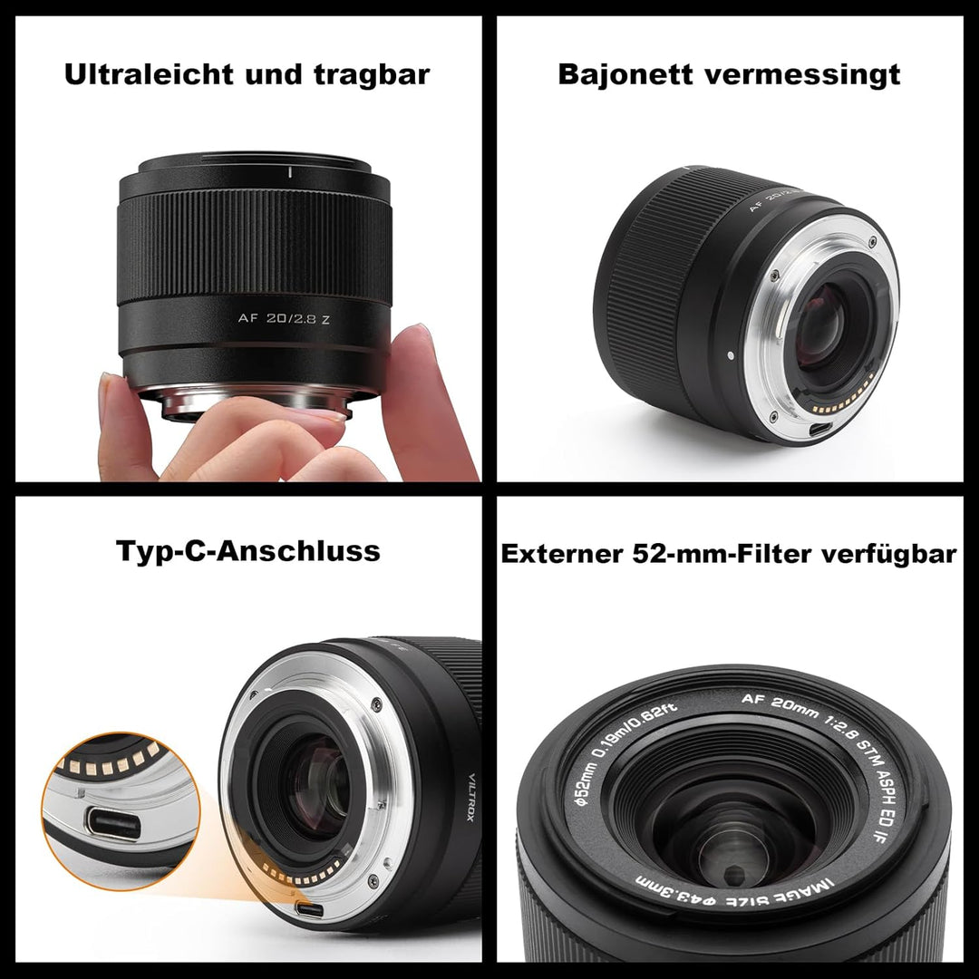VILTROX 20mm F2.8 F, 20mm F/2.8 Z-Mount Vollformat AF Ultraweitwinkel Autofokus Objektiv für Nikon Z