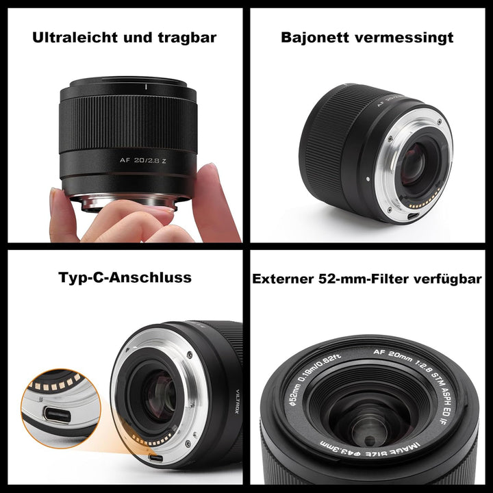 VILTROX 20mm F2.8 F, 20mm F/2.8 Z-Mount Vollformat AF Ultraweitwinkel Autofokus Objektiv für Nikon Z
