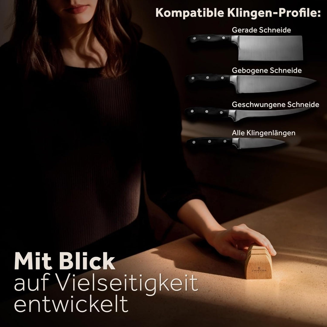 ZWIEGER Manueller Messerschärfer mit Rollen-Technologie – Set mit Wellenschliff- & Allzweckmesser in