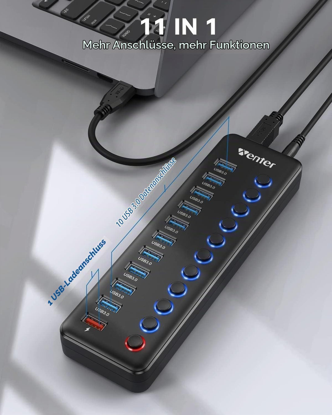 Powered USB Hub, Wenter 11-Port USB Splitter Hub (10 Faster Data Transfer Ports+ 1 Smart Charging Po