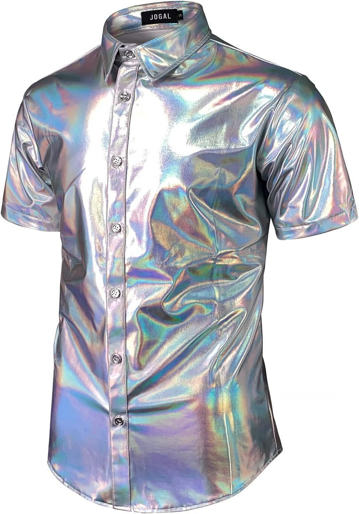 JOGAL Herren Metallic Glänzend Bronzing Nachtklub Party Hemd Silber Schimmern L, Silber Schimmern L