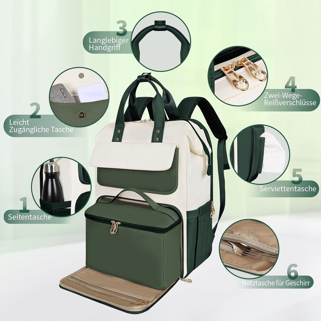 BERTASCHE Lunch Rucksack, Laptop Rucksack Damen 17,3 Zoll mit Isoliertes Kühltasche, 2-in-1-Arbeitsr
