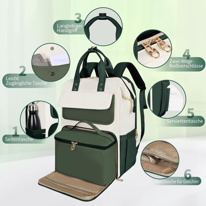 BERTASCHE Lunch Rucksack, Laptop Rucksack Damen 17,3 Zoll mit Isoliertes Kühltasche, 2-in-1-Arbeitsr