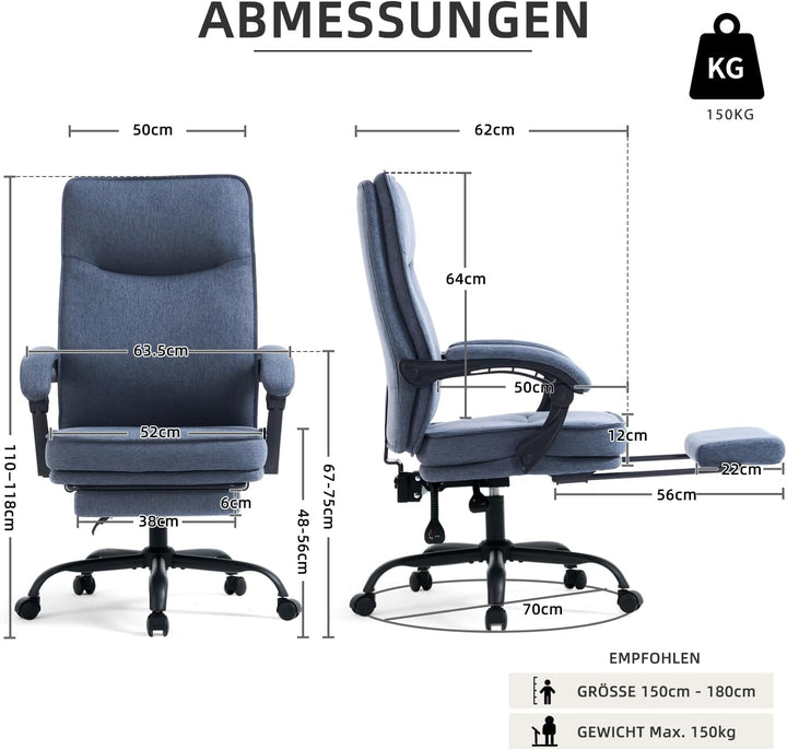 MZLEE Bürostuhl ergonomisch, Schreibtischstuhl mit Fussstütze, 90-135° neigbar Drehstuhl, Höhenverst