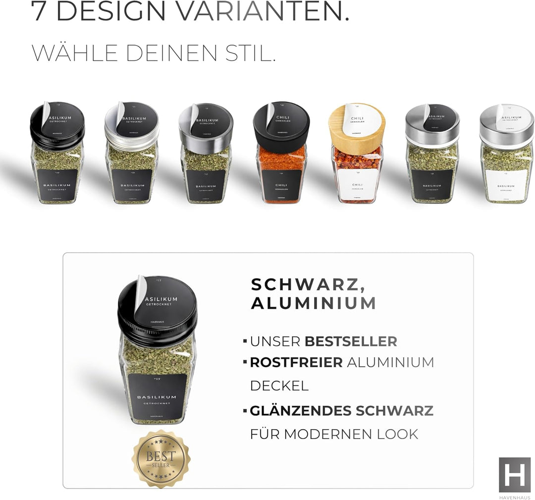 Gewürzgläser Set schwarz | 24 Gewürz Organizer inkl. 336 deutschen Gewürzetiketten | Gewürzgläser ec