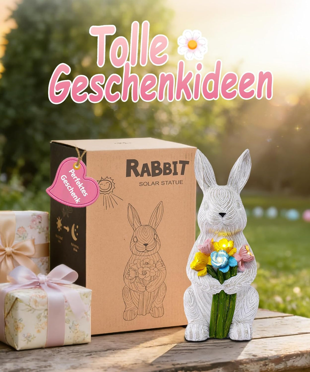 Yeomoo Kaninchen Figuren mit Blumen Solarlampen Gartendeko Deko Zimmer - Lustige Hase mit Solarleuch