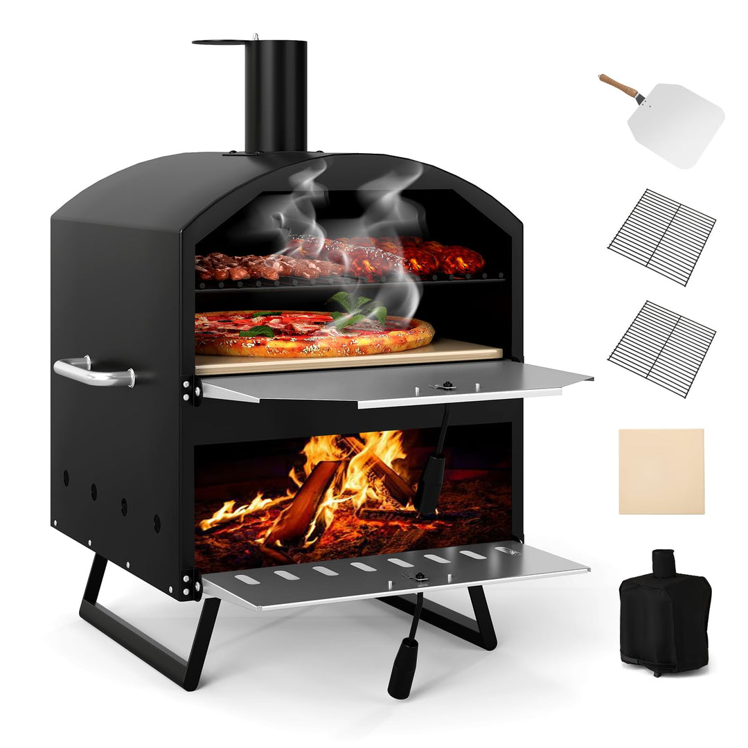 COSTWAY Outdoor Pizzaofen, 2-lagigem Pizza Ofen mit Grillrost, Pizzaschaufel, quadratischem Stein, w
