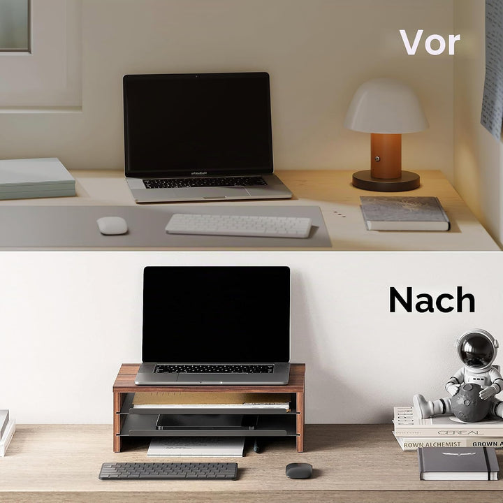 Fenge Monitorständer, Monitorerhöhung mit Ablage, Holz und Metall, Schreibtisch-Organizer für Zuhaus