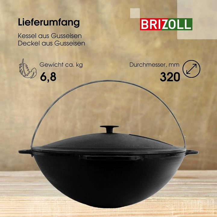 4BIG.fun 6L Gusseisen Schwenktopf Kazan Asia Kasan mit Deckel aus Gusseisen Grillwok Wokpfanne Grill
