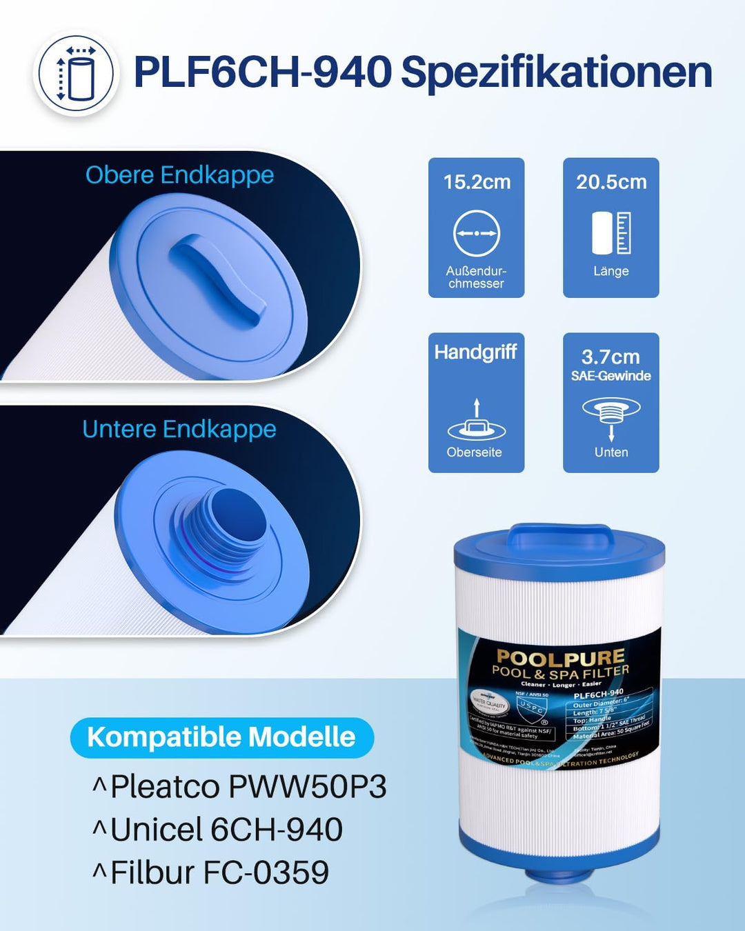 POOLPURE Spa Filter, Whirlpool Filter Replacement for Unicel 6CH-940, Pleatco PWW50P3, PWW50-P3, Fil