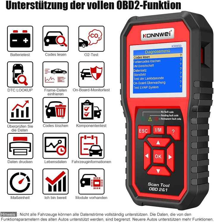 KONNWEI OBD2 Diagnosegerät Universal KFZ-Fehlercode-Lesegerät für Europäische OBD II/EOBD Protokolle