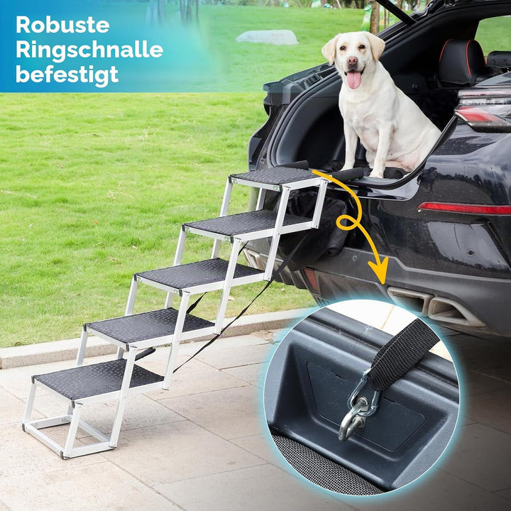 Uross Hundetreppe für Auto - 5 Stufen Zusammenklappbare Rampe für Auto und SUV, Aluminium-Treppe für