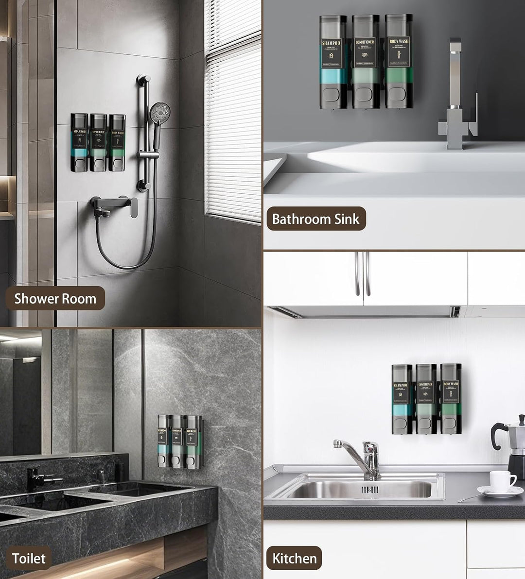 Luxspire Shampoo- und Conditioner-Spender, bohrerloser Wand-Duschseifenspender mit 3 Kammern und was