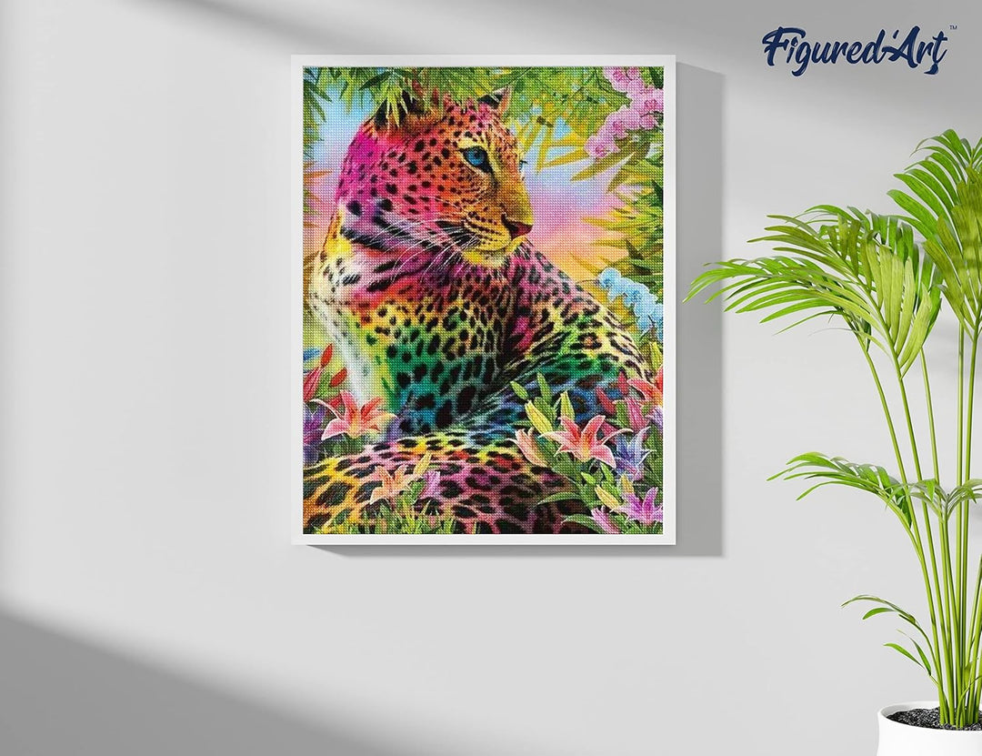 Figured'Art Diamond Painting Erwachsene 40x50cm Ganze Leinwand gerollt Bunter Leopard 5D Bilder Ecki