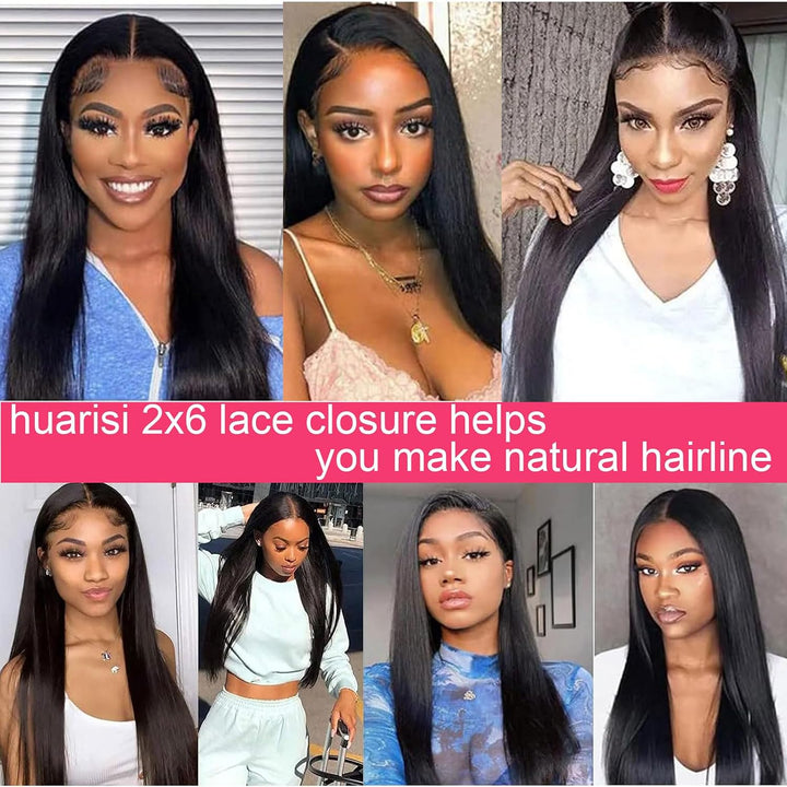 Huarisi 2x6 Closure Human Hair 12 Inch Brazilian Virgin Straight Free Part Closure with Baby Hair Sw