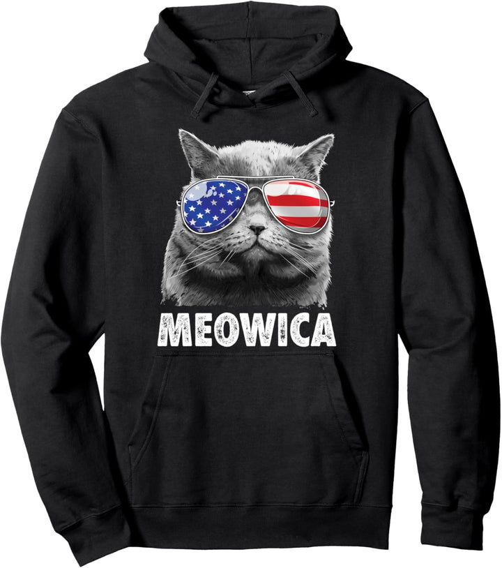 Black Cat 4th Of July Meowica Merica Men Women American Flag Pullover Hoodie