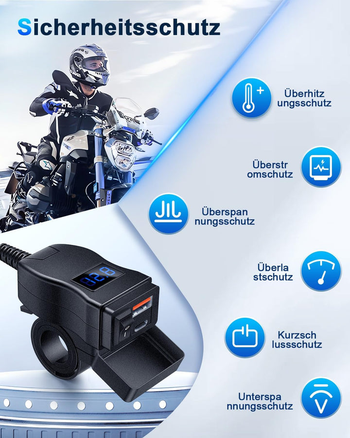 EXTRACTME Motorrad USB Ladegerät, Dual USB Typ C PD & Quick Charge 3.0 Motorrad Handy Ladegerät mit