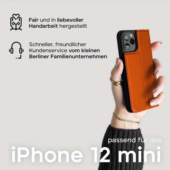 WIIUKA Hülle für iPhone 12 Mini, Lederhülle, Deutsches Premium Leder, mit Kartenfach, extra Dünn, Ha