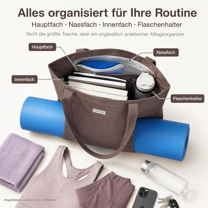 Yogatasche Damen mit Nassfach, Flaschenhalter und Durchgehendem Reissverschluss,Matte Einfach Heraus