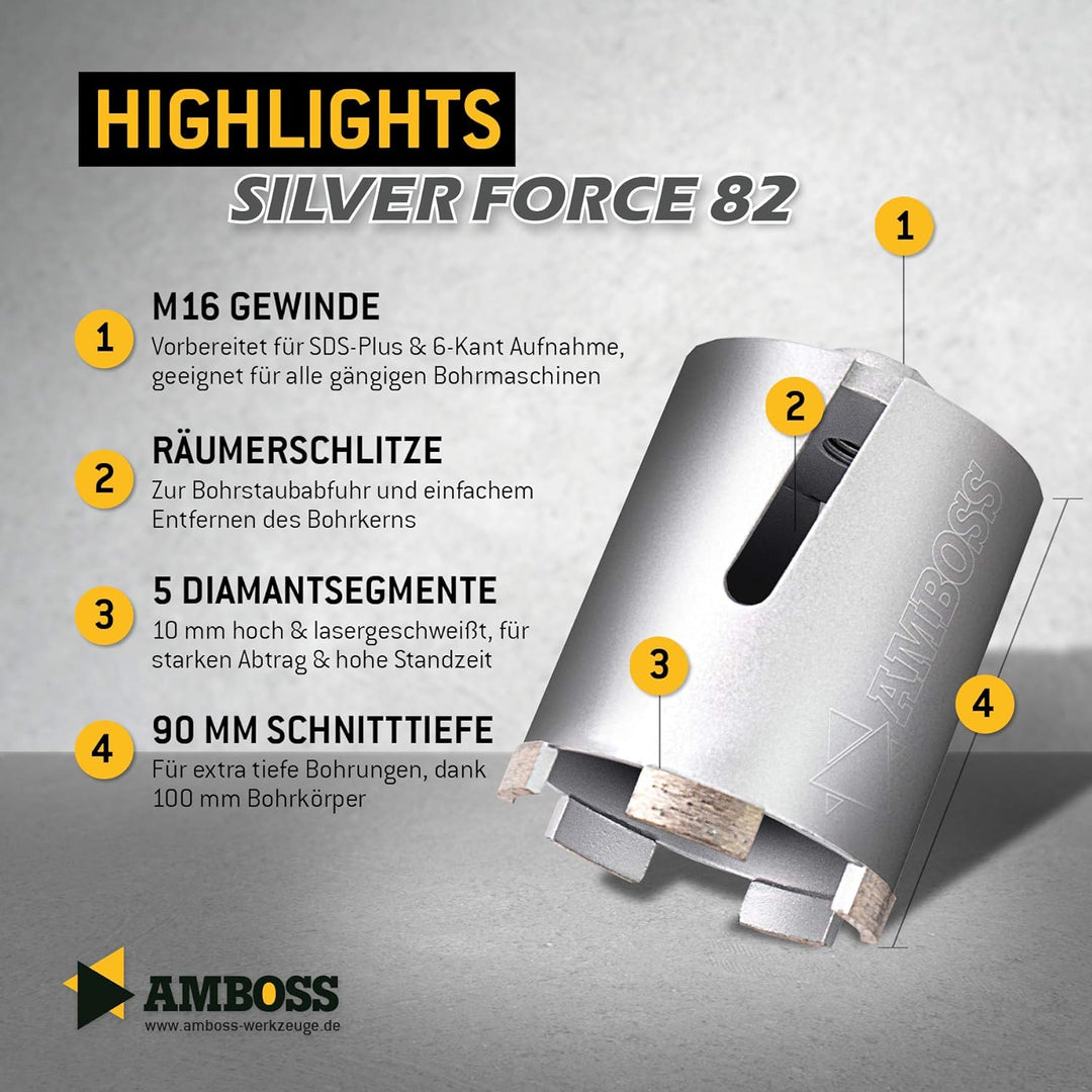 Diamant Dosensenker Ø 82 mm / M16 / Seitenschlitz / 90mm Nutzlänge - Amboss Silver Force Premium für