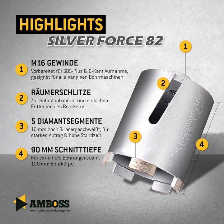 Diamant Dosensenker Ø 82 mm / M16 / Seitenschlitz / 90mm Nutzlänge - Amboss Silver Force Premium für