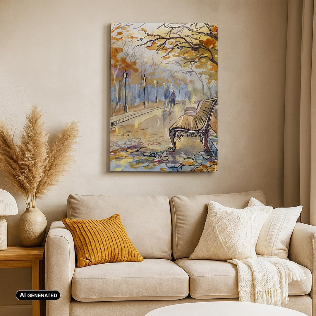 Bilder auf Leinwand Path Bench Herbst Frau Leinwandbild mit Rahmen 45x80cm Wandbilder Dekoration Woh