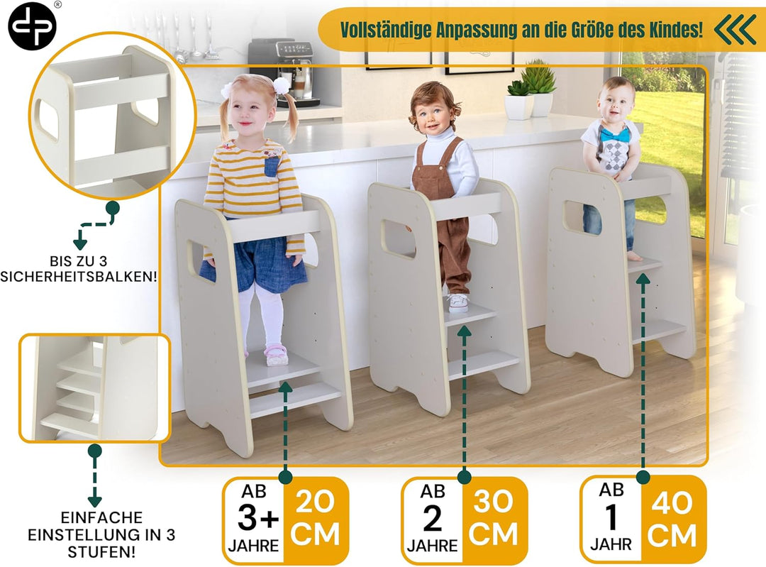 Lernturm ab 1 Jahr - 3 Stufen Höhenverstellbar, Sicher & Stabil - Learning Tower mit Kippschutz - Le