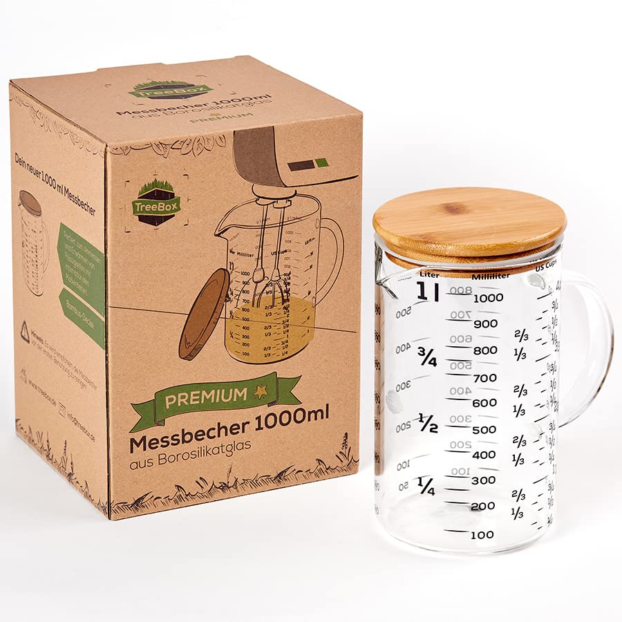 TreeBox Premium Messbecher 1l - Messbecher glas - Robuste und hitzebeständige Messbecher Set aus Bor