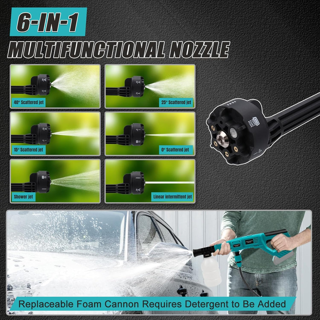 Makita 18V Kabelloser Hochdruckreiniger mit Multi-Sprühdüse, 5M Schlauch, Schaumkrug für Auto, Terra