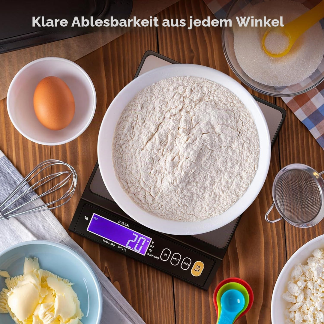 Bonvoisin 5 kg Digitale Küchenwaage 0,1 Gramm Genauigkeit, mit% Prozentfunktion, Wiegen in Gramm, Pf
