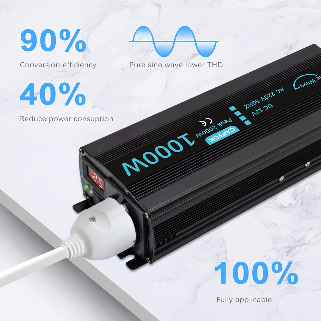 CAPTOK Spannungswandler 1000W/2000W Reiner Sinus KFZ Wechselrichter DC 12V auf AC 230V EU-Steckdose