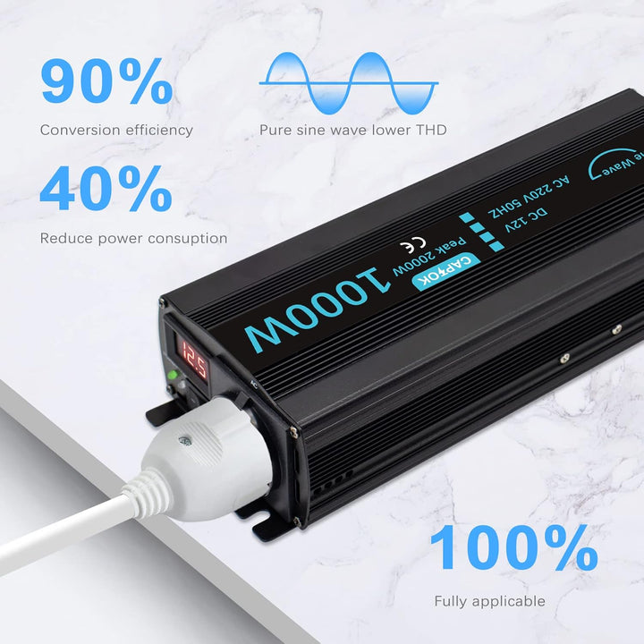 CAPTOK Spannungswandler 1000W/2000W Reiner Sinus KFZ Wechselrichter DC 12V auf AC 230V EU-Steckdose