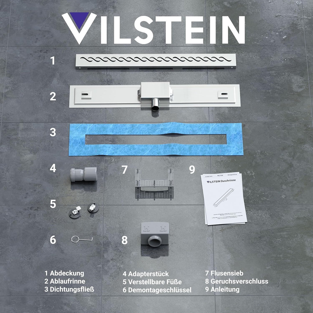 VILSTEIN Duschrinne 80cm, Edelstahl Bodenablauf Komplettset, extra flach, Siphon mit Geruchsstop, Ha