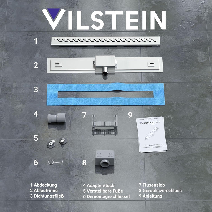 VILSTEIN Duschrinne 80cm, Edelstahl Bodenablauf Komplettset, extra flach, Siphon mit Geruchsstop, Ha