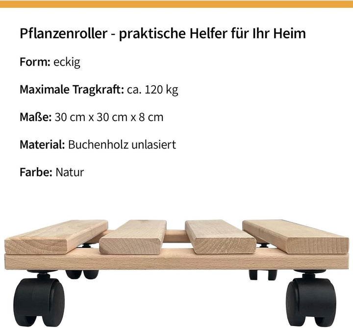 10x Rolluntersetzer eckig Pflanzroller 30x30 cm - max. 120 kg Traglast - aus Buchenholz - Stabil & r