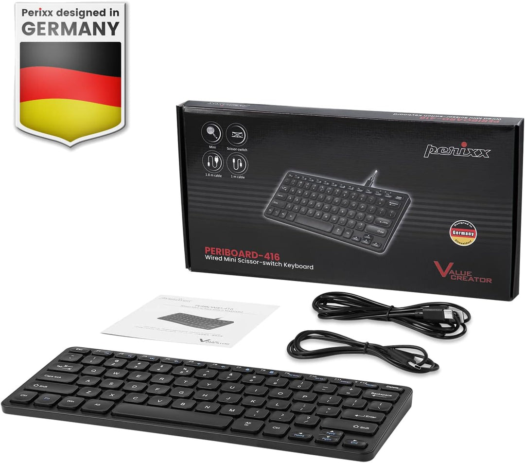 Perixx PERIBOARD-416 Wired Mini USB Keyboard with 4 Hubs - X Type Scissor Keys - Big Print Keys - De