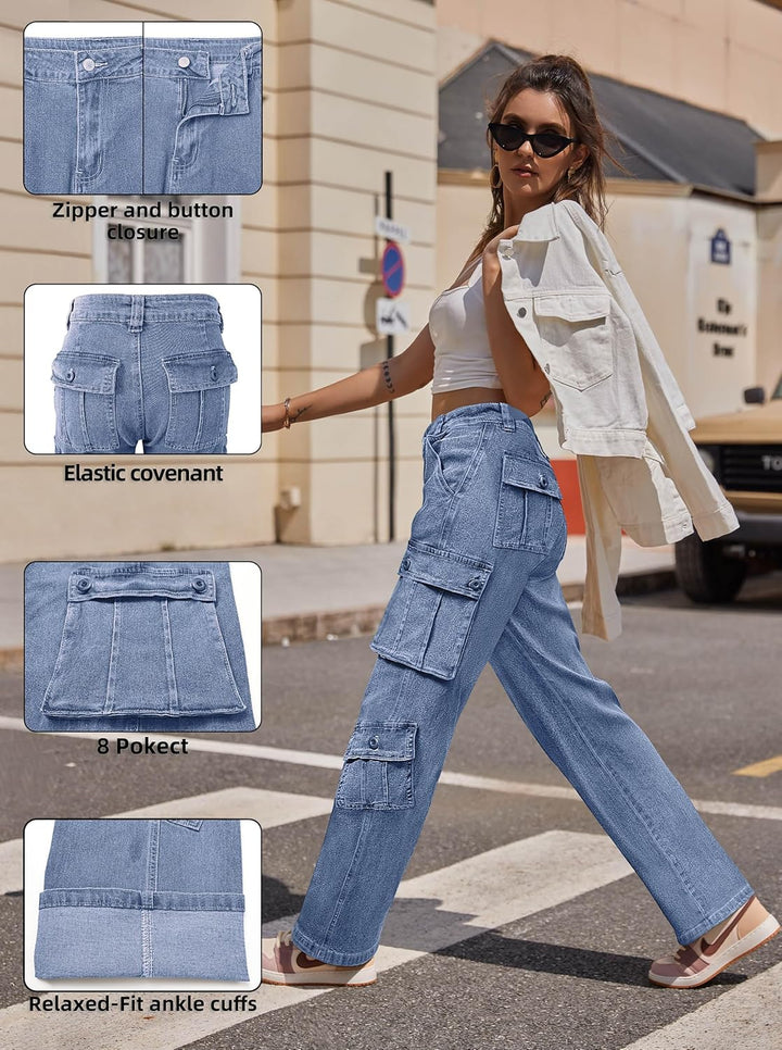 Cargohose Damen Baggy Y2K Multi Taschen High Waist Stretch Wanderhose Sport Jogginghose mit Elastisc