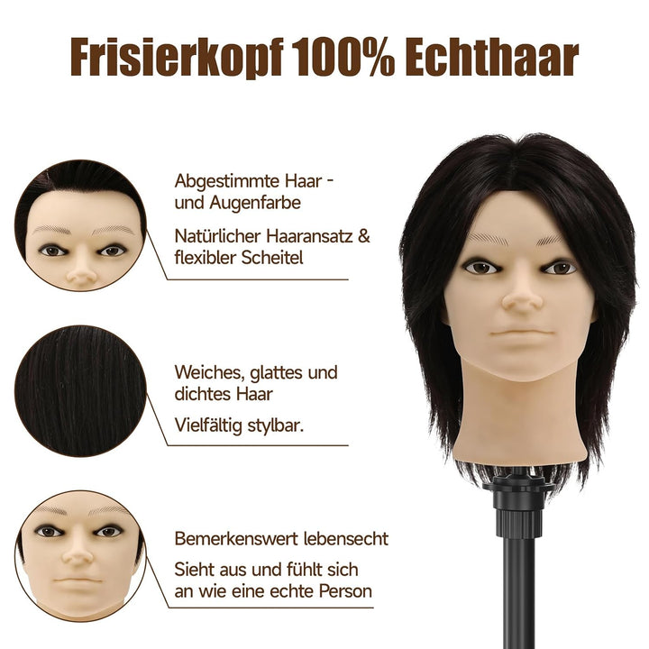 TwoWin 13 Zoll (33 cm) Frisierkopf Echthaar, Mann Friseurkopf Übungskopf 100% echthaar, Trainingskop