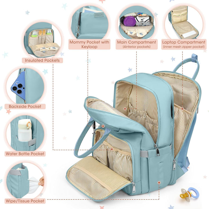 RAINSMORE Baby Wickelrucksack Gross Wickeltasche Rucksack mit Kinderwagengurten und Wickelunterlage