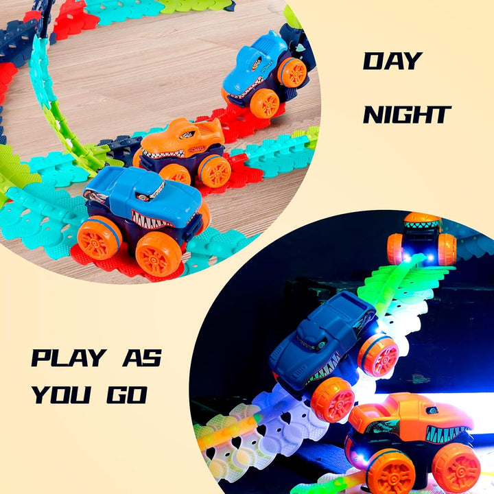 Kinder Rennbahn Spielzeug, 150pcs Autorennbahn Auto Spielzeug mit 2 Glow Cars Spielzeug, Autorennbah